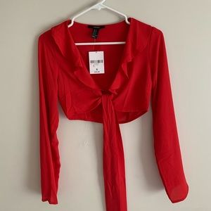 Red Tie Front Long Sleeve Top